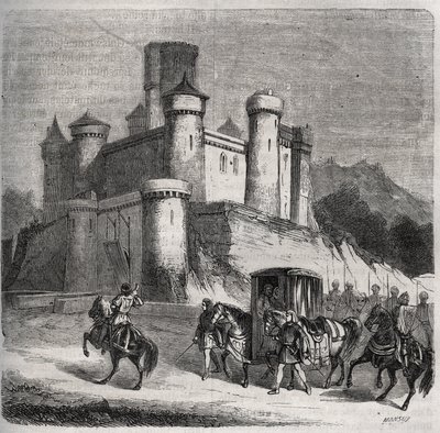 Le cortège de Rigonde (Rigonthe) (vers 569-après 589) quitte Paris pour rejoindre son fiancé, le prince Recarede. Gravure de 1871 dans « Histoire Des Cocus Célèbres » par Henry de Kock (1819-1892). - French School