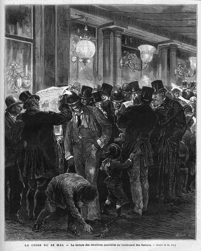 La crise du 16 mai 1877 : lecture des dernières nouvelles sur le boulevard des Italiens à Paris. Cette crise politique française est le résultat de la lettre de Mac Mahon critiquant l