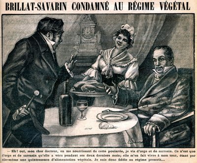 Le régime végétarien curieux du gastronome Jean Anthelme Brillat-Savarin (Brillat Savarin) (1755-1826), sur la couverture du journal hebdomadaire "La cuisine des familles" n°90, 10 mars - French School