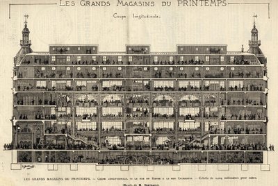 Les grands magasins du Printemps en 1889, coupe longitudinale, de la rue du Havre à la rue Caumartin, dessin de Berteault, collection Bianchetti - French School