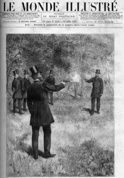 Le duel du général Georges Boulanger (1837-1891), ministre de la Guerre et du baron Lareinty, sénateur. Gravure dans « Le Monde Illustré » 1886 - French School
