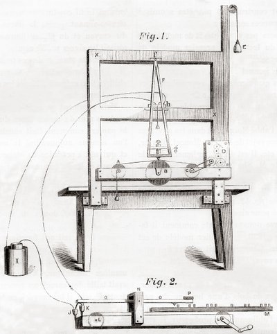 Le premier télégraphe électrique inventé par Samuel Morse en 1837, de Les Merveilles de la Science, publié vers 1870 (gravure) - French School
