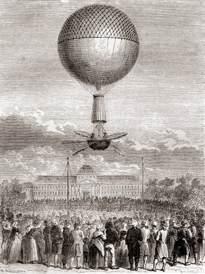Le premier vol en ballon réussi de Jean-Pierre François Blanchard le 2 mars 1784, dans un ballon à gaz hydrogène lancé depuis le Champ de Mars, Paris, France, extrait de Les Merveilles de la Science, publié vers 1870 (gravure) - French School