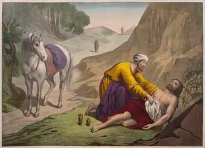 Le bon Samaritain, illustration du catéchisme L