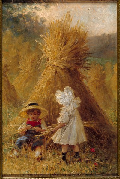 La meule de foin Deux enfants dans les champs - French School