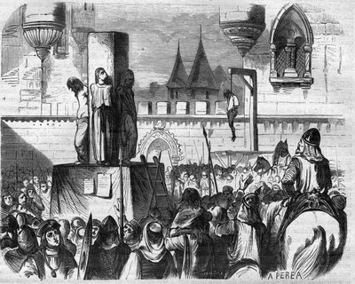 Les hérétiques pendus et brûlés sur le boucher par les prêtres de Gilbert de la Porrée, Bernard de Clairvaux et Abbé Suger, France - French School