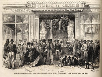 La boucherie chevaline à la barrière de Fontainebleau (Paris) ouverte en 1866 - gravure dans « Le Monde Illustré » de 1866 - French School