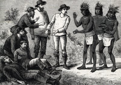 Les habitants du Pérou aidant les Européens coloniaux souffrant de malaria avec de la quinine (gravure) 1888 - French School