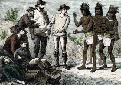 Les habitants du Pérou aidant les jésuites souffrant de paludisme avec du quinquina - French School