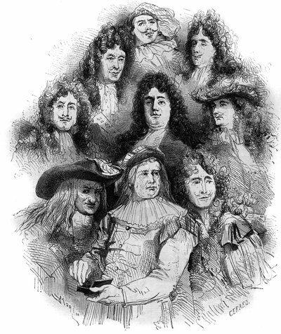 Les interprètes de Molière à la Comédie-Française en 1862-1863. De bas en haut : Provost (Arnolphe), Joseph Samson (1893-1871) (Sganarelle), Geffroy (Clitandre), Bressant (Don Juan), Edmond Got (1822-1901) (Trissolin), Louis Delaunay (1826-1903) (Horace) - French School
