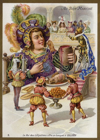 Le roi des Lilliputiens organise un banquet pour Gulliver - French School