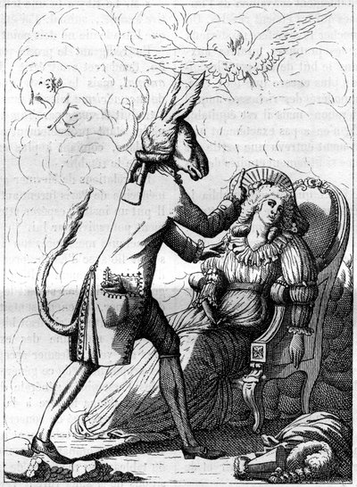 Le doigt magique, une caricature ancienne sur Frans Anton Mesmer (1734-1815), médecin allemand, fondateur de la théorie du magnétisme animal ou mesmérisme. Gravure dans "La Nature. Revue des sciences et de ses applications aux arts et à l
