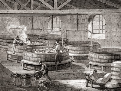 La fabrication de savon dans de grands réservoirs au 19ème siècle, de 