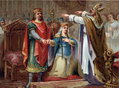 Le mariage de Clovis (481-511) roi des Francs avec Clotilde en 493. Chromolithographie de la fin du XIXe siècle. - French School