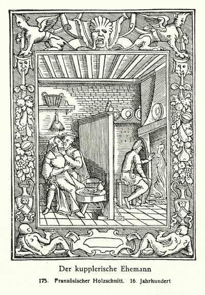 Le mari entremetteur (gravure sur bois) - French School