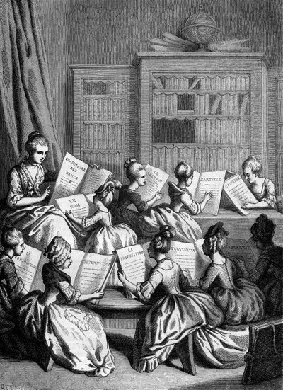 Les neuf parties du discours. (La grammaire traditionnelle classe les mots en neuf catégories, également appelées "les parties du discours") Écoliers pendant un cours de grammaire. 18ème siècle ? Gravure de 1868. - French School