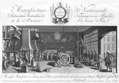 La seule manufacture en France de bons rasoirs en acier fondu de la même manière que celle de Sheffield en Angleterre, Yorkshire, fin du XVIIIe siècle - French School