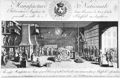 La seule manufacture en France de bons rasoirs en acier fondu de la même manière que celle de Sheffield en Angleterre, Yorkshire, fin du XVIIIe siècle - French School