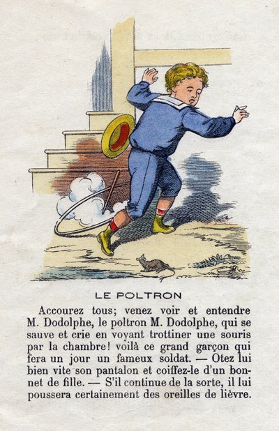 Le poltron. Un enfant jouant au cerceau effrayé par une souris. Alphabet des petits garçons. Abécédaire à valeur morale contenant des exercices de lecture. Imagerie d