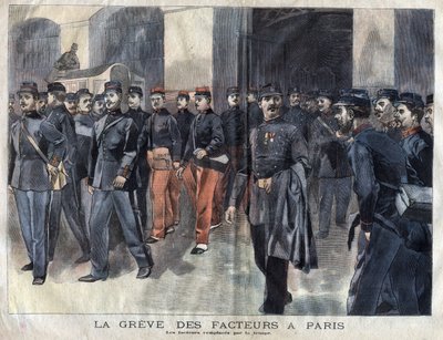 La grève des postiers : soldats et gardes municipaux chargés de la distribution des lettres à Paris. Gravure de 1899 dans « La petite Gironde » - French School
