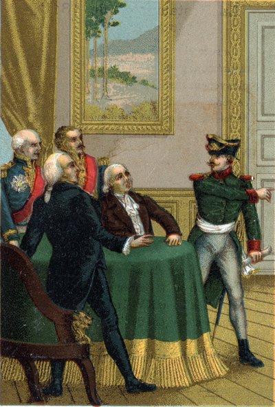 La restauration de 1815 : Joseph Fouché, ministre de la police de Napoléon Ier, fit introduire un officier prussien dans la salle où la Commission du Gouvernement provisoire dirigée par le roi Louis XVIII le 7 juillet 1815 - French School