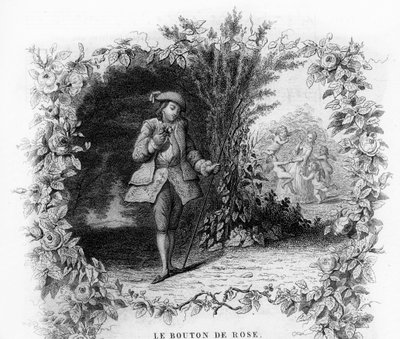 Le bouton de rose. Un jeune homme solitaire et romantique dans un jardin au fond duquel une jeune femme est entourée de cupidons. Gravure dans "Chants et chansons populaires de la France", Tome 2 - French School