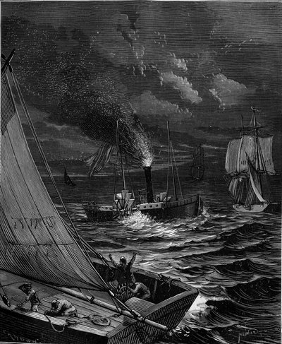 Le navire construit en 1807 par Robert Fulton pour la route New York - Albany sur le fleuve Hudson - French School