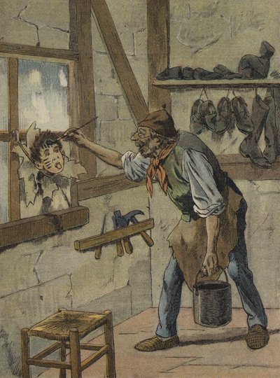 Le cordonnier marque les heures sur la figure du petit Jeannot (lithographie couleur) - French School
