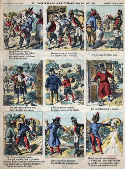 Le lion malade et le renard. Fables de Jean de La Fontaine (1621-95). Imagerie d