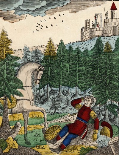 Histoire des quatre fils Aymon; Bayard, entendant le bruit des soldats que Ripas avait avec lui pour pendre Richard, réveille Regnault en frappant sur son bouclier, image d