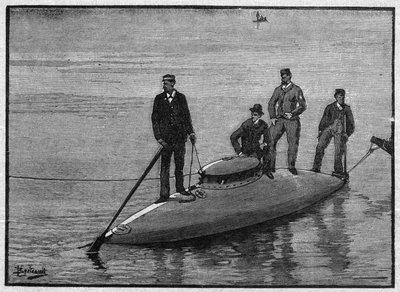 Le sous-marin fancé le vide "Goubet", flottant et transportant quatre hommes. Gravure dans "La gazette du dimanche" du 28 novembre 1895 - French School