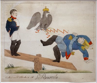 Le bascule. Portrait de Napoléon Bonaparte (1769-1821) debout sur une planche à bascule, regardant son ennemi tomber, foudroyé par une couronne d
