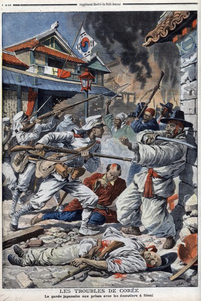 Les troubles en Corée, la garde japonaise aux prises avec les émeutiers à Séoul, mécontents de l