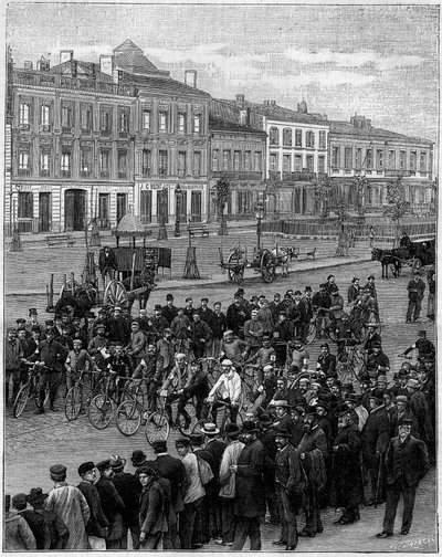 La course de vélocipèdes de Bordeaux à Paris : les vélocipédistes partent de Bordeaux le 23 mai 1891, à 5 heures du matin. Gravure dans "La Nature. Revue des sciences et de ses applications aux arts et à l