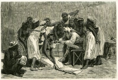 La visite des reines, les seize épouses du roi Sepopo, dans la case du Dr. Holub. Gravure de D. Maillard, pour illustrer l