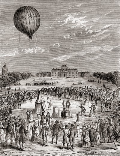 Le premier ballon à hydrogène du monde, lancé au-dessus du Champ de Mars, Paris, France en 1783, de Les Merveilles de la Science, publié vers 1870 (gravure) - French School