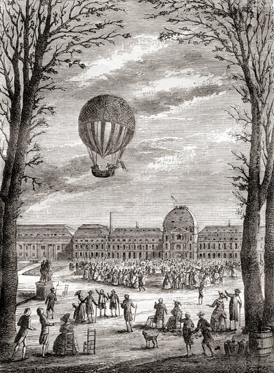 Le premier vol habité en ballon à hydrogène au monde au-dessus du Champ de Mars, Paris, France le 1er décembre 1783, piloté par Nicolas-Louis Robert et le professeur Jacques Charles, de 