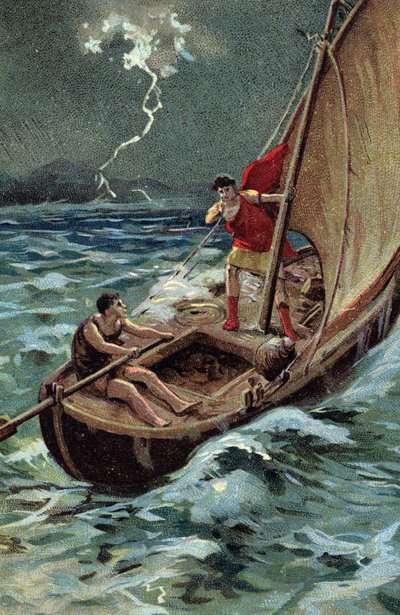 Le jeune Jules César (100-44 av. J.-C.) traversant la mer Adriatique pour rejoindre la Dalmatie avance bravement malgré la tempête, confiant en sa bonne étoile et son destin - French School
