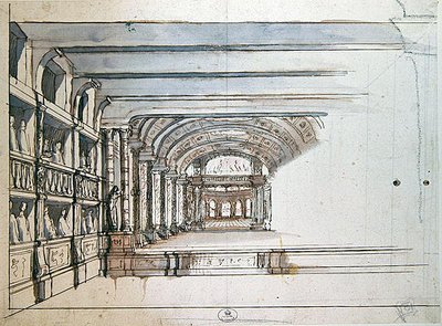 Scène de théâtre et auditorium avec loges, fin du XVIIe siècle - French School