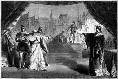 Représentation théâtrale : Acte II scène sept de « La Fille du juge franc » par Adolphe Carcassonne - French School
