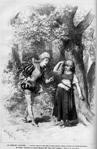 Représentation théâtrale : Cendrillon et le Prince Charmant interprétés par Mme Théo et Mlle Vanghel pour la pièce "Cendrillon" de Clairville (Louis François Nicolaie) - French School