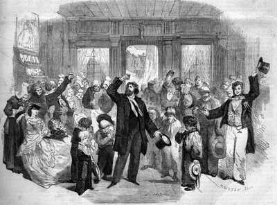 Représentation théâtrale de « La Pénélope Normande » (Acte I) par Alphonse Karr. Parmi les comédiens, Mme Alexis, Mme Doche, Lafontaine (Henry Lafontaine - French School