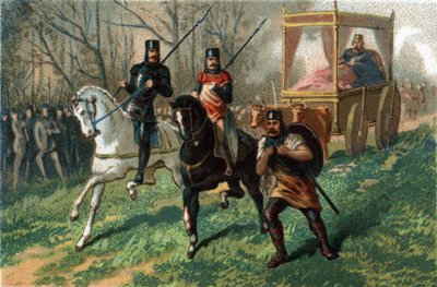 Thierry III dit le roi fainéant de 673 à 691 traverse Paris dans son carrosse tiré par des bœufs. Chromolithographie vers 1890. - French School