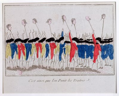 Voici comment les traîtres sont punis, sans-culottes portant les têtes des guillotinés, 1789 - French School