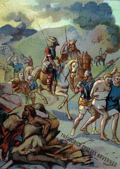 Théoderic, fils aîné de Clovis, chez les Arvernes (Auvergne) (532-533). Chromolithographie de la série "Éducation patriotique par l