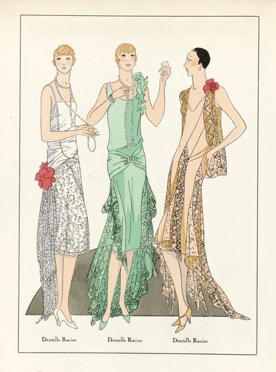Trois modèles de robes en dentelle, pub.c1923 (impression pochoir) - French School