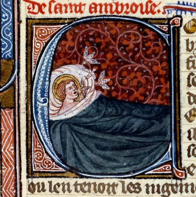 Trois abeilles sortent de la bouche de Saint Ambroise. Miniature dans « Le Livre des Saints » - French School