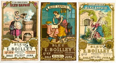 Trois étiquettes pour la marque de lessive Bleu de E. Boilley, 1878 - French School