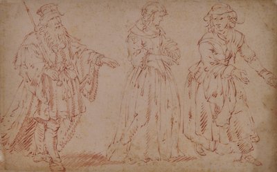 Trois personnages théâtraux : le roi Lear, Cordelia et la servante - French School