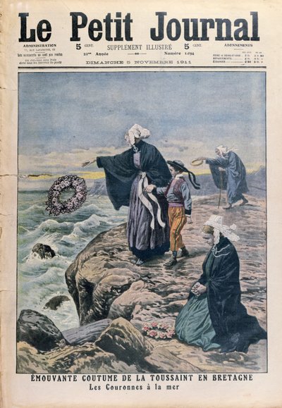 Lancer des couronnes dans la mer à la Toussaint en Bretagne, illustration de couverture du Petit Journal, 5 novembre 1911 - French School